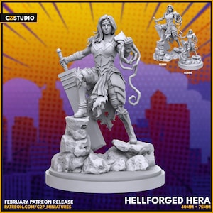 May include: A gray miniature figurine of Hellforged Hera, a female warrior, stands atop a rocky base, holding a sword. The figure is clad in detailed armor. Additional smaller figurines are shown in the background. The text "HELLFORGED HERA" is displayed.