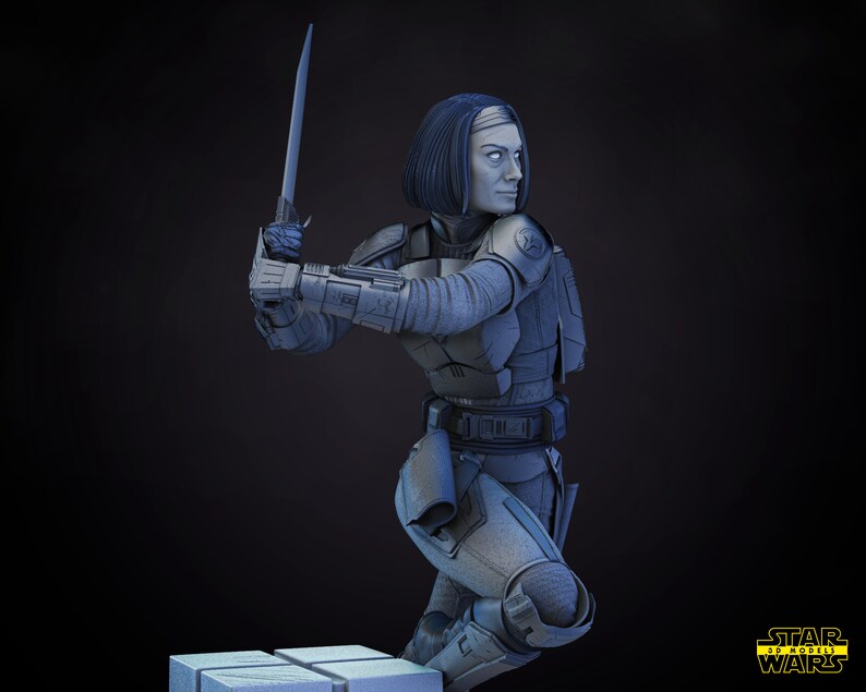 以下が含まれることがあります： スターウォーズの女性キャラクターのグレーで詳細な3Dモデル。ヘルメットとアーマーを着用し、武器を持っています。キャラクターは戦闘姿勢で、プラットフォームにひざまずいています。画像の右下隅に「スターウォーズ」というテキストが表示されています。