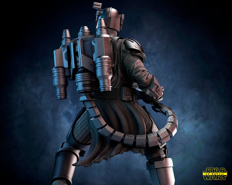 May include: A detailed 3D model of a Mandalorian warrior from the Star Wars universe. The figure is wearing a dark grey and silver armor with a jetpack on their back. The figure is holding a weapon in their right hand and has a cape flowing behind them.