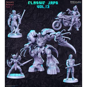 Könnte beinhalten: Ein Set aus fünf Miniaturfiguren, darunter ein Krieger, ein Monster, ein Ritter, eine Frau mit einem Schwert und eine Frau auf einem Motorrad. Die Figuren sind in einem Grauton bemalt und vor einem dunklen Hintergrund platziert. Der Text "CLASSIC JRPG VOL.13" ist oben im Bild sichtbar.