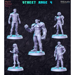 Puede incluir: Colección de cinco figuras blancas impresas en 3D de personajes de "Street Rage 4". Las figuras están en poses de acción, con detalles como ropa y accesorios. El texto "Street Rage 4" y "March Release Part 3" es visible.