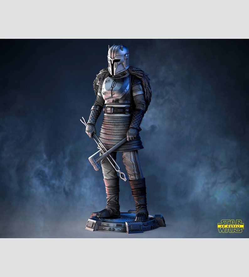 May include: A silver and black action figure of a Star Wars character wearing a helmet and holding a weapon. The figure is standing on a black base with the words "Star Wars 3D Models" printed on it.