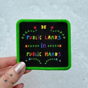 May include: Square black patch with green border and embroidered text "PUBLIC LANDS in PUBLIC HANDS" in colorful letters. Floral and butterfly designs are also embroidered on the patch.