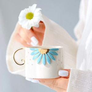 Ceramic Turkuaz Gerbera Flowers Mug | Coffee cup | Handmade | 24k real gold | Gift | Valentine's Day | Gift idea | mug | Ceramic