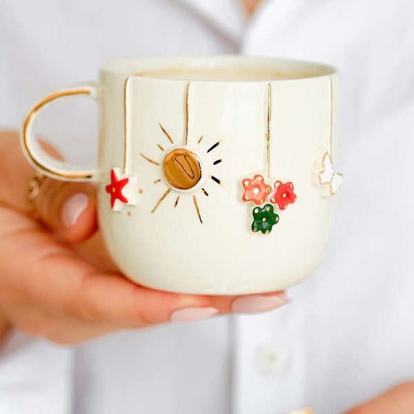 Ceramic Summer Mug | Coffee cup | Handmade | 24k real gold | Gift idea | tea | Coffee | Tea mug