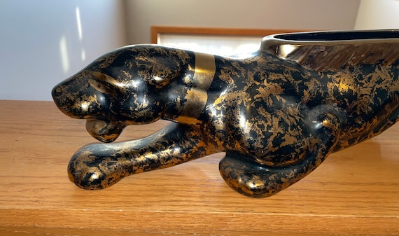MCM TV Lamp With Planter Black Gold Crouching Panther Leopard