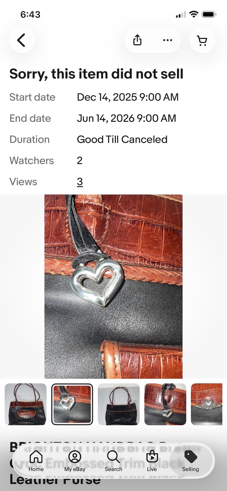 May include: A brown leather purse with a silver heart-shaped charm. The purse has a textured, crocodile-like pattern and a black strap. The image also shows the text "Sorry, this item did not sell."