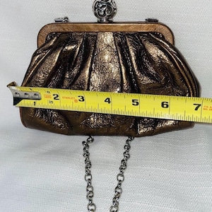 Pode incluir: Uma clutch de cor bronze com uma al&ccedil;a de corrente prateada. A clutch tem aproximadamente 18 cm de largura. Possui um fecho de bola prateada decorativo na parte superior. A bolsa tem uma apar&ecirc;ncia texturizada e enrugada.