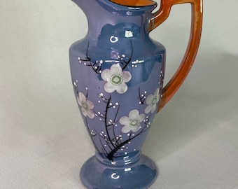 Japanese Blue Lustreware Moriage Handpainted Cherry Blossom Creamer / Vase
