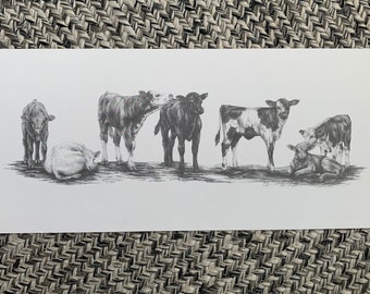 Calves-Barnyard Buddies Lithograph Limited Edition Print Realistic Pencil Drawing Western Cow Wall Art Farm Animal Simmental Angus Hereford