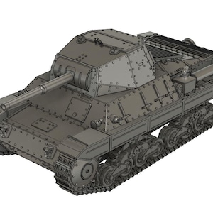 May include: A grey model of a tank with a detailed design. The tank has a turret with a cannon and a track system.