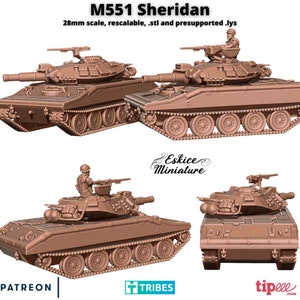 Puede incluir: Un modelo impreso en 3D de un tanque M551 Sheridan en plástico marrón. El tanque se muestra desde cuatro ángulos diferentes. El modelo es a escala de 28 mm, redimensionable y viene con archivos STL y presoportados. El texto "Eskice Miniature" es visible en la imagen.