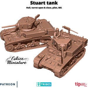Könnte beinhalten: Zwei detaillierte 3D-gedruckte Modelle eines Stuart-Panzers, eines mit offenem und eines mit geschlossenem Turm. Die Modelle sind in brauner Farbe lackiert und verfügen über eine Pilotenfigur im offenen Turm.