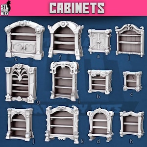 Op de afbeelding: Een verzameling witte miniatuurkasten met verschillende ontwerpen, waaronder planken, deuren en decoratieve elementen. Het woord "CABINETS" staat in grote, vette letters bovenaan de afbeelding. Het logo "STL mini BITS" staat linksboven.
