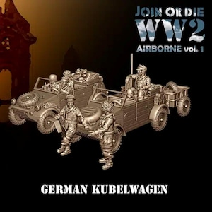 Może przedstawiać: Brązowa ilustracja dwóch niemieckich pojazdów Kubelwagen z II wojny światowej, z żołnierzami. Tekst "JOIN OR DIE WW2 AIRBORNE vol. 1" znajduje się na górze, a "GERMAN KUBELWAGEN" na dole.