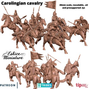 Könnte beinhalten: Ein Set von 3D-gedruckten Resin-Miniaturen im Maßstab 28 mm, die karolingische Kavallerie darstellen. Die Figuren sind auf Pferden montiert und halten Speere und Schilde. Die Miniaturen sind vorgesichert und bereit zum Drucken.