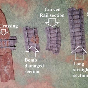 Könnte beinhalten: Eine Sammlung von Miniatur-Modelleisenbahn-Gleisabschnitten, darunter ein gebogener Schienenabschnitt, ein langer gerader Abschnitt und ein kurzer gerader Abschnitt. Es gibt auch einen bombengeschädigten Abschnitt und einen Bahnübergang.