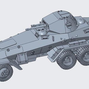 May include: A gray armored vehicle model with six wheels, a turret, and two machine guns. The vehicle has a detailed design, including headlights, storage compartments, and a spare tire. The model is set against a plain background.