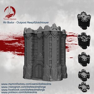 May include: A grey 3D printed model of a stone keep or watchtower with a door and windows. The model is shown in various stages of construction, with the base, walls, and roof all visible. The model is designed for tabletop gaming or miniature wargaming.