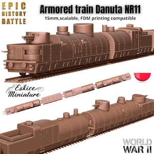 Può includere: Modello marrone del treno blindato Danuta NR11. Il modello è molto dettagliato, con più vagoni e torrette. Il testo sull'immagine recita "EPIC HISTORY BATTLE" e "WORLD WAR II".