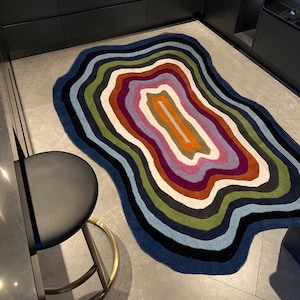 Vibrant Symmetry Funky Rug, Colorful Curved Lines Forming Circular Motif Pop Art Rug, Abstract Modern Funny Rug, Rug for Living Room.