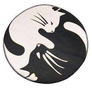 Black and White Cats Circle Rug/ Custom Unique Design / Distressed Lint-Free/Modern Art Decorative Area Rug/Care Gift Box