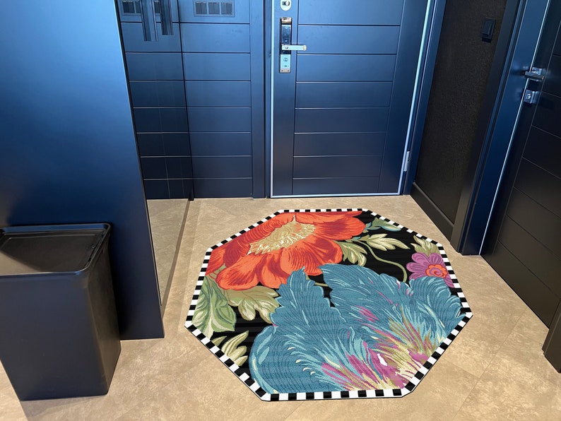Bold Floral Octagonal Rug Vibrant Colors, Ecofriendly, Modern Art