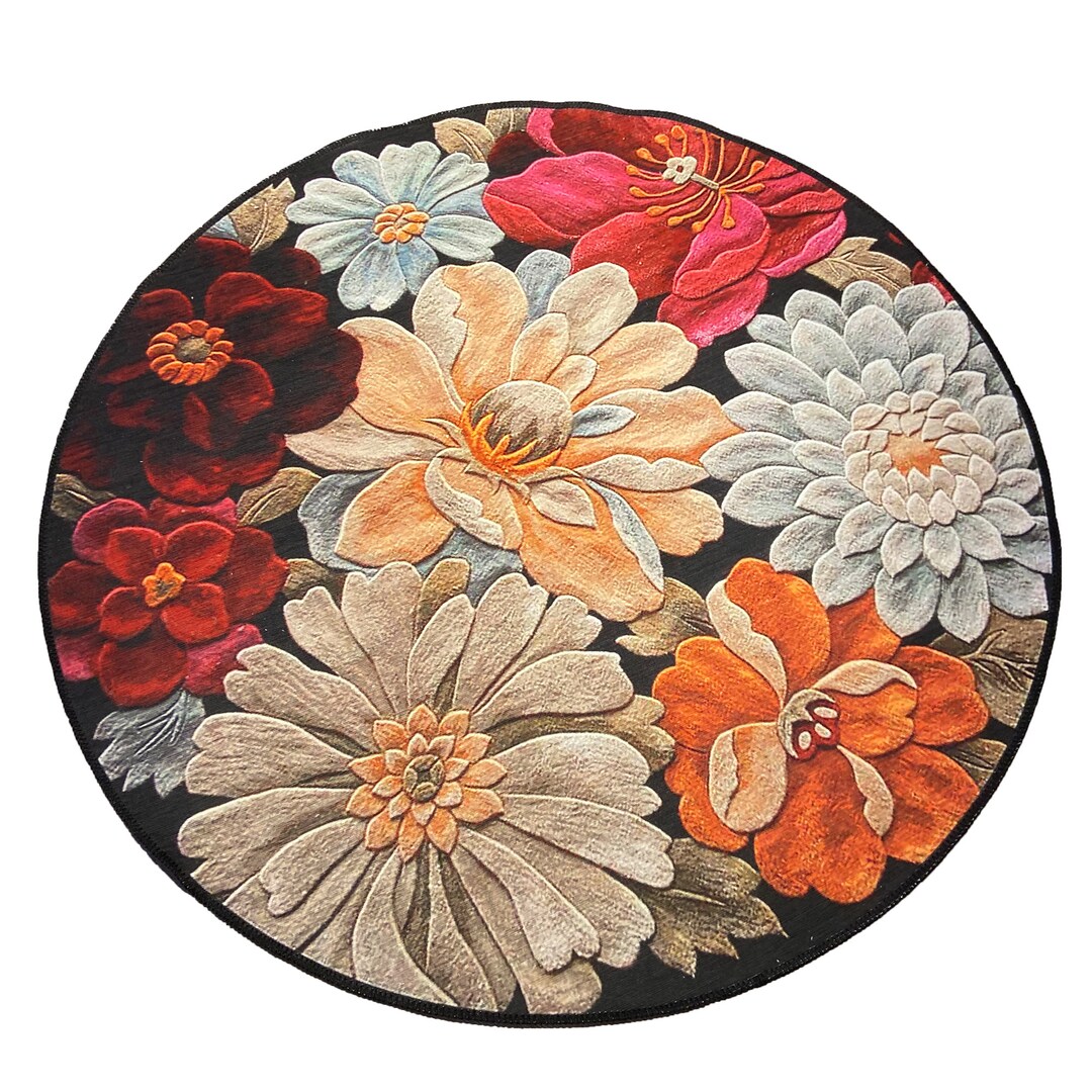 Bold Floral Round Rug Vibrant Digital Print With Organic Dyes, Vibrant ...