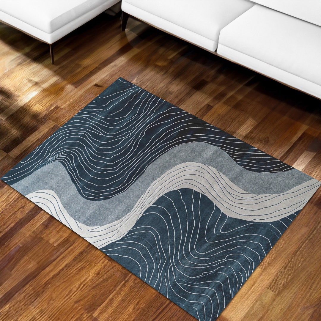 Cozy Coastal Waves Area Rug With Subtle Stripes in Smoke Gray and Blue ...