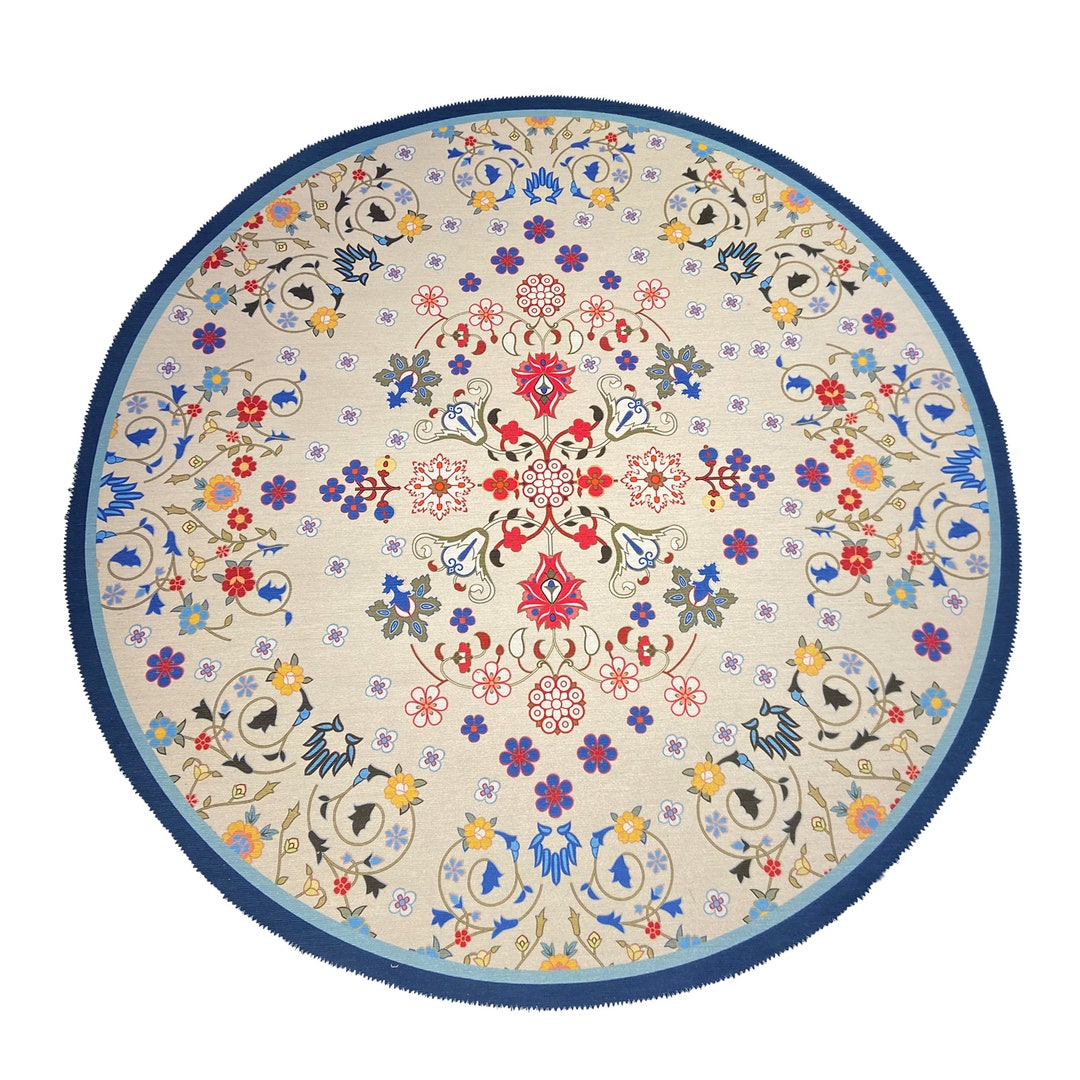 Green Circle Rug Flower Pattern, Unique Custom Design, White and