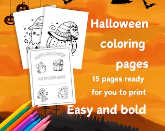 子供向けハロウィーンぬり絵ページ、大胆で簡単なハロウィーンぬり絵、ハロウィーンパーティーアクティビティのための楽しい不気味なデザイン