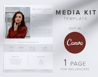 1 page Media kit, influencer media kit, Canva template, blogger media kit, media kit template canva