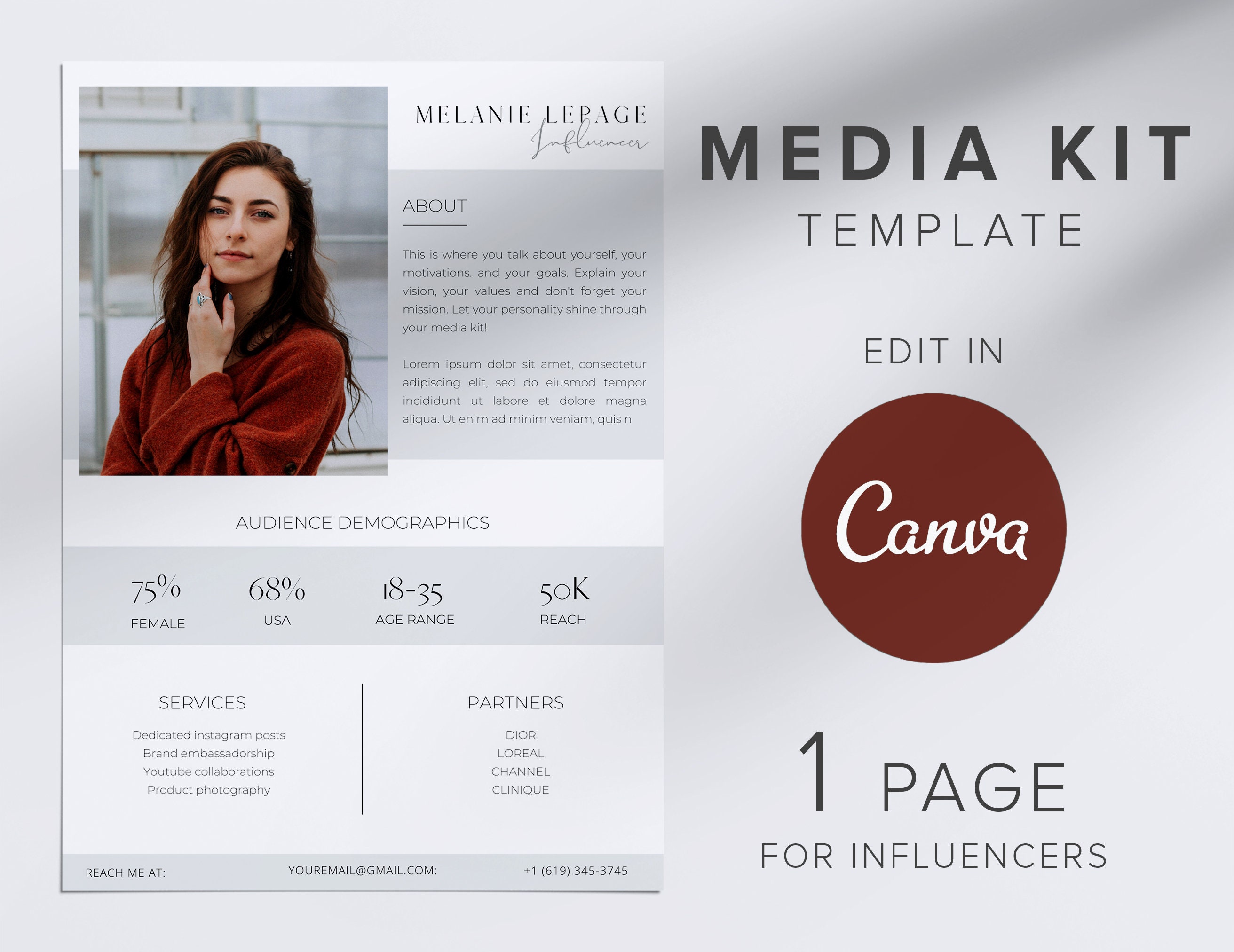 1 Page Media Kit Influencer Media Kit Canva Template 