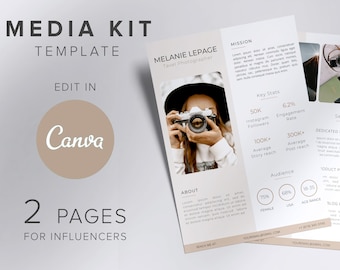 Peut inclure: Un modèle de kit média pour les influenceurs, avec une photo d'une femme tenant un appareil photo. Le modèle comprend des informations sur la mission du photographe, ses statistiques clés, son public et les services proposés. Le texte "Edit in Canva" est affiché sur un cercle brun.