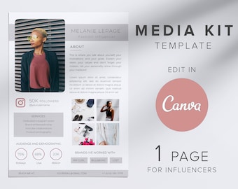 1 page Media kit, influencer media kit, Canva template, blogger media kit, media kit template canva