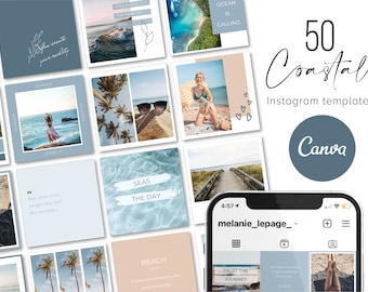 50 Coastal instagram post templates, instagram template canva, instagram post template,