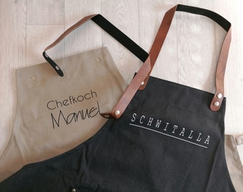 Schürze Herrenschürze aus Canvas mit Lederband personalisiert mit Name Grillschürze Kochschürze