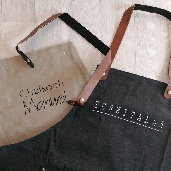 Schürze Herrenschürze aus Canvas mit Lederband personalisiert mit Name Grillschürze Kochschürze