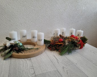 Dekorierte Adventskranz Adventsscheibe vom Blumenfachgeschäft rund Holz mit Spruch