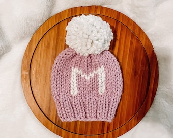 Hand Knit Monogram Beanie, Acrylic Pom Pom Hat