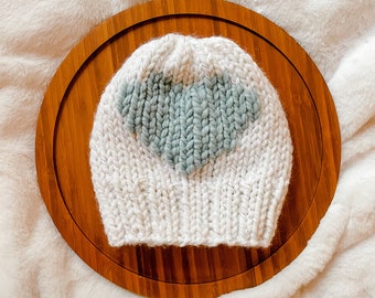 Hand Knit Heart Pom Pom Beanie, Custom Valentine's Day Hat