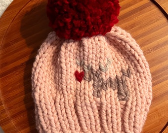 Hand Knit Reindeer Hat, Holiday Pom Pom Beanie