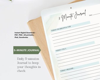 5-Minute Mindfulness Journal: Daily Gratitude, Reflection (PDF/PNG)