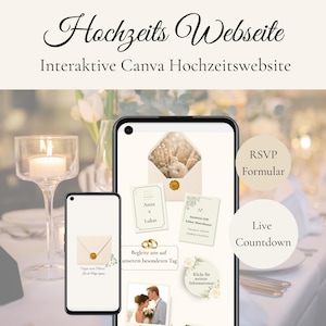 Könnte beinhalten: Zwei Smartphones zeigen eine interaktive Hochzeitswebsite mit deutschem Text, einem Umschlag mit Wachssiegel, Eheringen, einem Paar-Foto, einem RSVP-Formular-Button und einem Live-Countdown auf einem cremefarbenen Hintergrund.