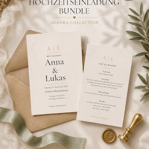 Könnte beinhalten: Ein Hochzeitseinladungs-Vorlagen-Bundle aus der Aurora Collection von Planora Digital Planning Studio. Das Set enthält zwei weiße Karten mit schwarzem Text, einen braunen Umschlag, ein grünes Band und einen goldenen Wachssiegelstempel auf neutralem Grund.