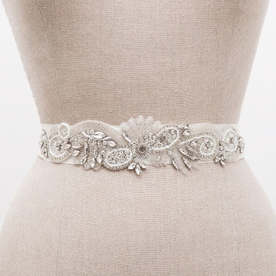 Crystal Rhinestone Bridal Belt, Ivory Organza Ribbon Sash - Etsy display picture 2