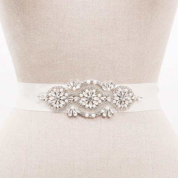 White Organza Bridal Sash Rhinestone Pearl Beaded Wedding Dress Belt Accessory NWT Rhinestone Pearl Beaded Bride Bridal Belt Wedding Dress  main image 3