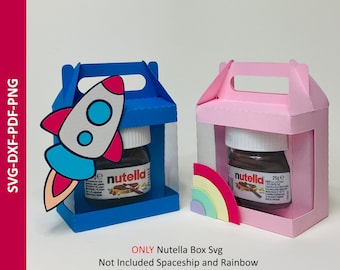 Plantilla de caja de soporte mini Nutella, plantilla de caja, caja de favor de chocolate, archivo svg y archivo de corte digital, nave espacial y arco iris no incluidos