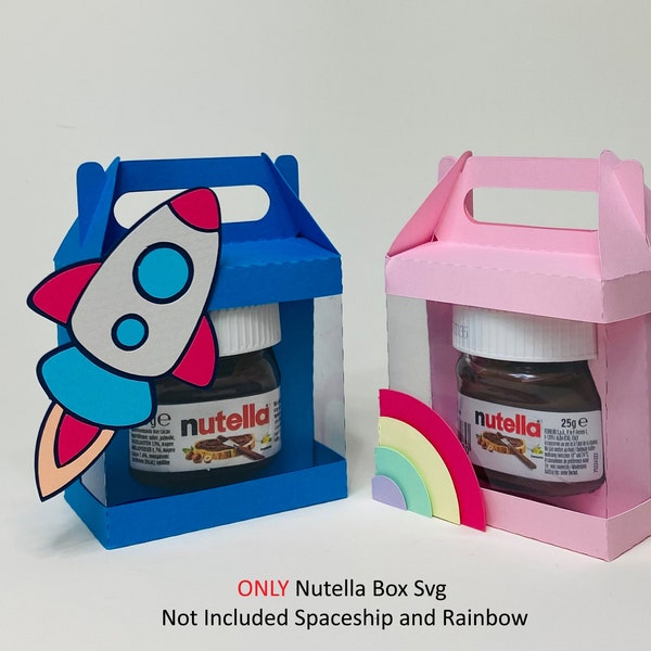 Plantilla de caja de soporte mini Nutella, plantilla de caja, caja de favor de chocolate, archivo svg y archivo de corte digital, nave espacial y arco iris no incluidos