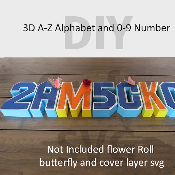 Alfabeto 3D e numeri Svg, alfabeto 3D lettera A-Z, numero 3D 0-9, file per Cricut Maker "Non incluso di fiore in rotolo e strato di copertura"